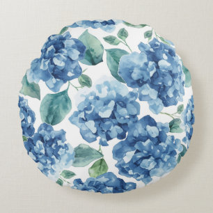 Hortensien-Blues Wasserfarben-Blüten-Blumenmuste Rundes Kissen