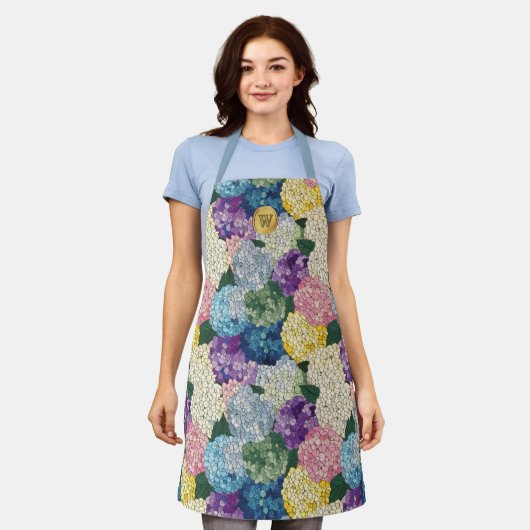 Hortensien-Blumen-Falsches-Buntglas-Monogramm Schürze (Getragen)