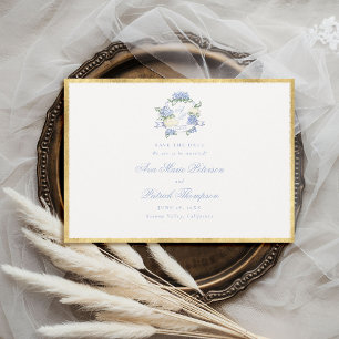 Hortensien Kamm Blau Elfenbein Gold Rahmen Hochzei Save The Date