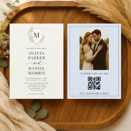 Hortensien-Wappen-Monogramm-Foto-QR-Code-Hochzeit Einladung