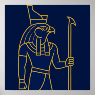 Horus Ägyptischer Gott Goldene Linien Kunst Blau P Poster