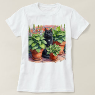 Hosta-Garten und schwarze Katze Aquarell T-Shirt