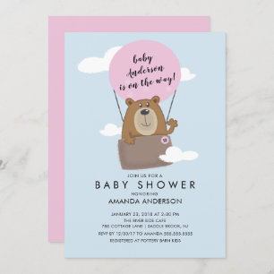 Hot Air Ballon Bear Girls Baby Dusche Einladung