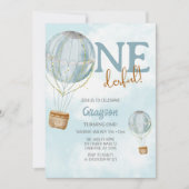 Hot Air Ballon Blue 1. Geburtstag Einladung (Vorderseite)