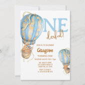 Hot Air Ballon Blue Boho 1. Geburtstag Einladung (Vorderseite)