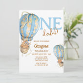 Hot Air Ballon Blue Boho 1. Geburtstag Einladung (Stehend Vorderseite)