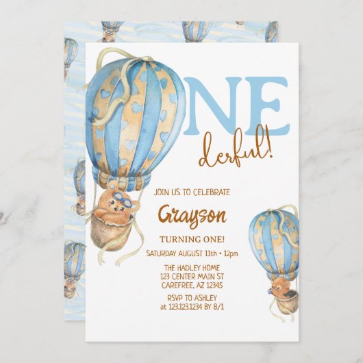 Hot Air Ballon Blue Boho 1. Geburtstag Einladung (Vorne/Hinten)