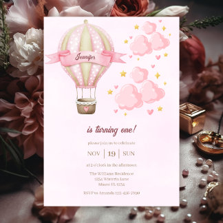 Hot Air Ballon Girl Pink Cloudy 1. Geburtstags-Par Einladung
