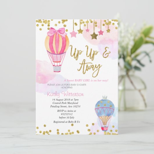 Hot Air Ballon Glitzer Star Girl Baby Dusche Einladung (Stehend Vorderseite)