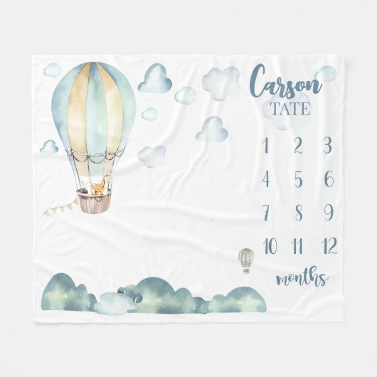 Hot Air Ballon Milestone Blanket Boy Personalisier Fleecedecke (Vorderseite (Horizontal))