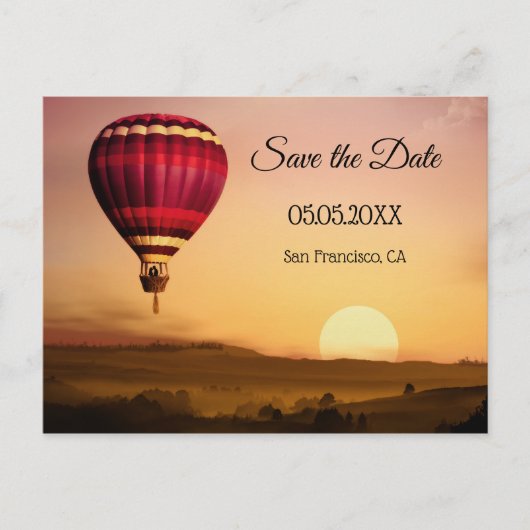 Hot Air Ballon Sunset Save the Date Postkarte (Vorderseite)