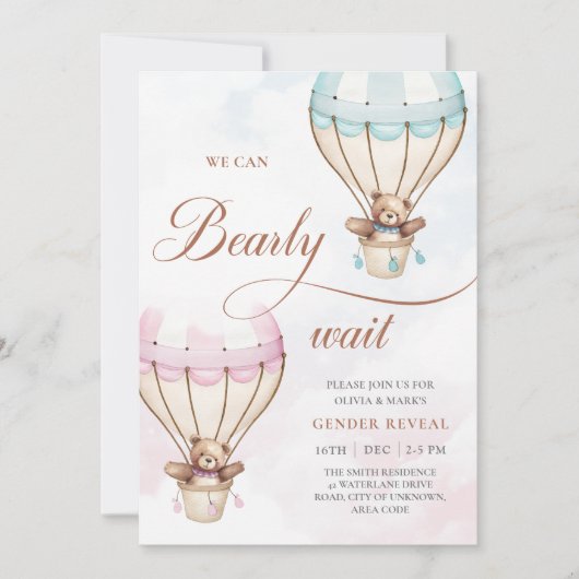 Hot Air Ballon Teddy Bären Gender-Offenlegung Einladung (Vorderseite)