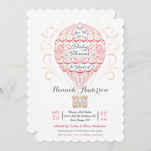 Hot Air Balloon Baby Girl Dusche Einladung (Vorne/Hinten)