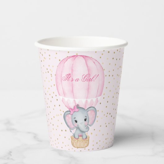 Hot Air Balloon Baby Girl Elephant Babydusche Pappbecher (Vorderseite)