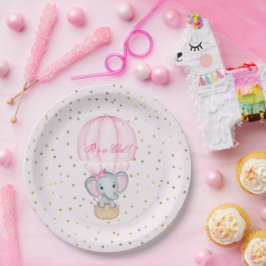 Hot Air Balloon Baby Girl Elephant Babydusche Pappteller