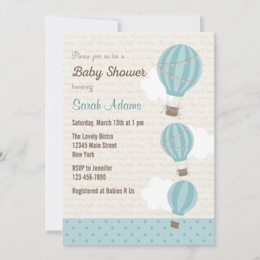 Hot Air Balloon Baby Shower Invitation (blau) Einladung (Vorderseite)