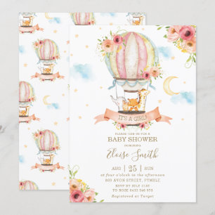 Hot Air Balloon Baby Shower Jungle Animals Girl Einladung