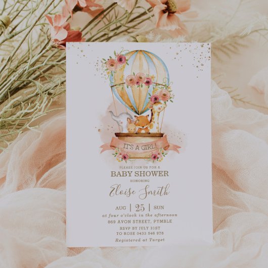 Hot Air Balloon Baby Shower Jungle Animals Girl Einladung