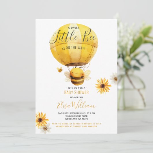 Hot Air Balloon Bee ist auf der Way Baby Dusche Einladung (Stehend Vorderseite)