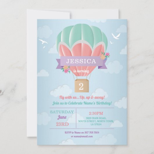 Hot Air Balloon Birthday Party Mint Pink Clouds Einladung (Vorderseite)