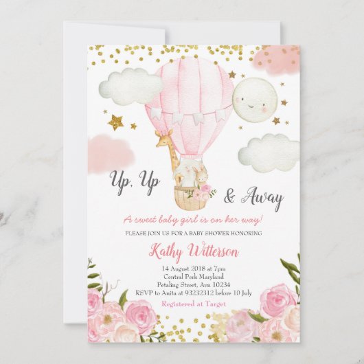 Hot Air Balloon Dschungeltiere Girl Baby Dusche Einladung (Vorderseite)