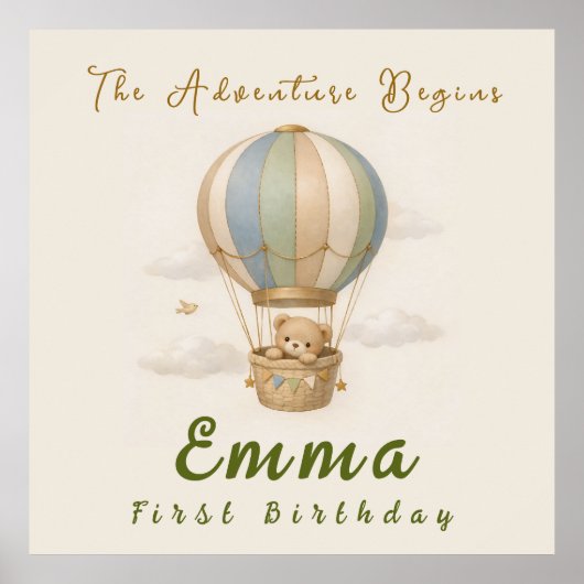  Hot Air Balloon First Birthday Poster (Vorne)