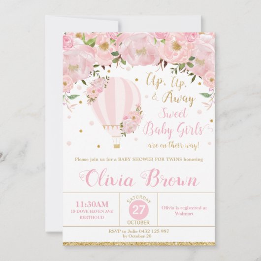 Hot Air Balloon Floral Baby Dusche Twin Girls Einladung (Vorderseite)
