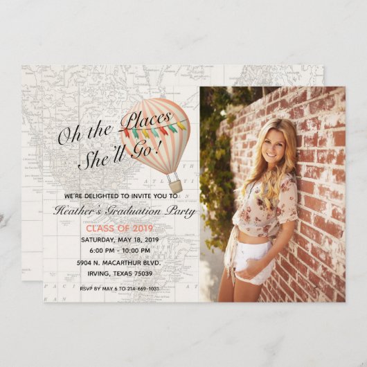 Hot Air Balloon Girl Abschluss Einladung (Vorne/Hinten)