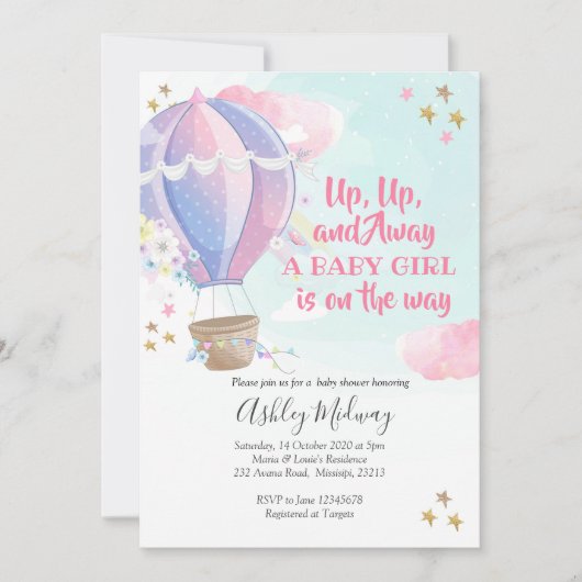 Hot Air Balloon Girl Baby Dusche Einladung (Vorderseite)