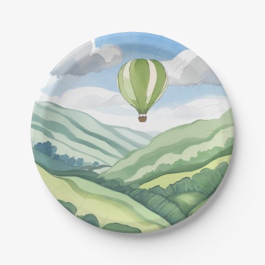 Hot Air Balloon | Green Watercolor Landscape Pappteller (Vorderseite)