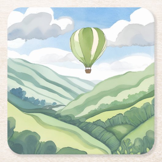 Hot Air Balloon | Green Watercolor Landscape Rechteckiger Pappuntersetzer (Vorderseite)