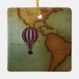 Hot Air Balloon Ride Over Western Hemisphere Map Keramikornament