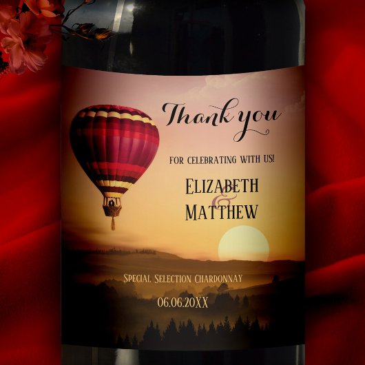Hot Air Balloon Sunset Wedding Wine Label Weinetikett