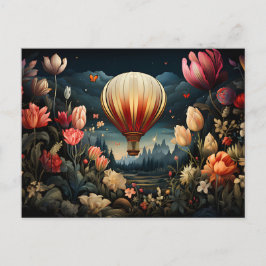 hot air balloon surrounded by flowers dark colors postkarte