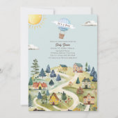 Hot Air Balloon Village Blue Boy Baby Dusche Einladung (Vorderseite)