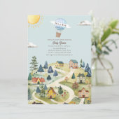 Hot Air Balloon Village Blue Boy Baby Dusche Einladung (Stehend Vorderseite)