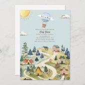 Hot Air Balloon Village Blue Boy Baby Dusche Einladung (Vorne/Hinten)