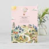 Hot Air Balloon Village Pink Girl Baby Dusche Einladung (Stehend Vorderseite)