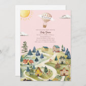Hot Air Balloon Village Pink Girl Baby Dusche Einladung (Vorne/Hinten)