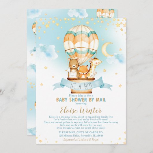 Hot Air Balloon Virtual Baby Boy Dusche per Mail Einladung (Vorne/Hinten)