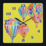 Hot Air Balloon Watercolor Yellow Nursery Childs Quadratische Wanduhr<br><div class="desc">Hot Air Balloon Watercolor Nursery Yellow Background Childs Room Clock. Designed from my original watercolour art.</div>