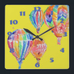Hot Air Balloon Watercolor Yellow Nursery Childs Quadratische Wanduhr<br><div class="desc">Hot Air Balloon Watercolor Nursery Yellow Background Childs Room Clock. Designed from my original watercolour art.</div>