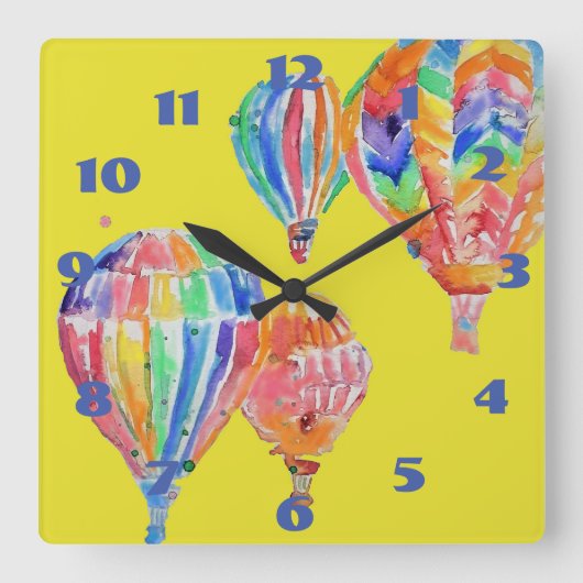 Hot Air Balloon Watercolor Yellow Nursery Childs Quadratische Wanduhr (Vorderseite)