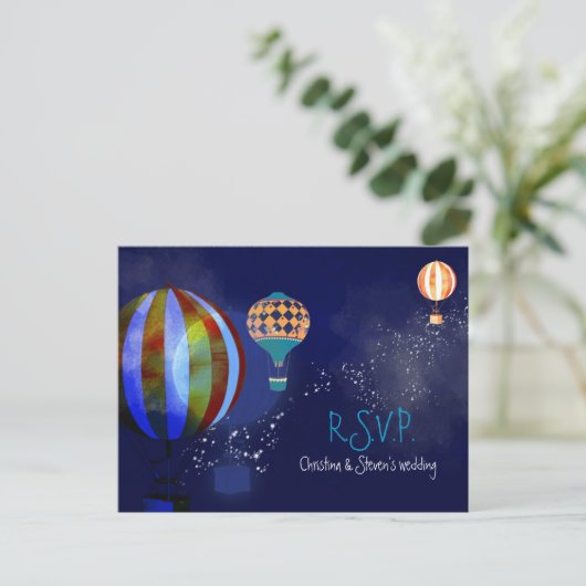 Hot Air Balloons Navy Wedding RSVP Einladungspostkarte (Stehend Vorderseite)
