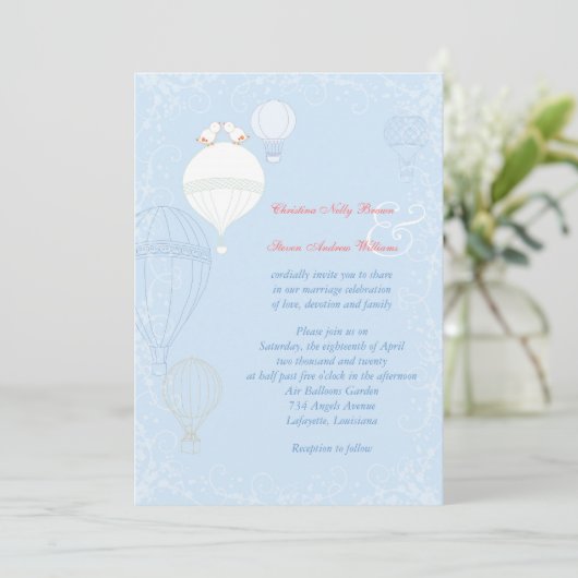 Hot Air Balloons Spring Baby Blue Wedding Einladung (Stehend Vorderseite)