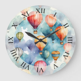 Hot Air Balloons Wasserfarben Kunst Große Wanduhr