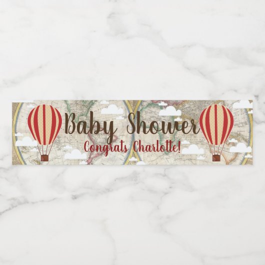 Hot Air Balloons & World Map Baby Dusche Wasserflaschenetikett (Einzelnes Label)