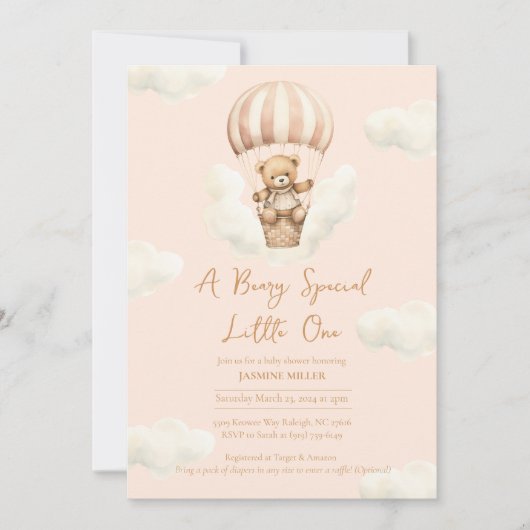 Hot Ballon Teddy Bear Girl Kinderdusche Einladung (Vorderseite)