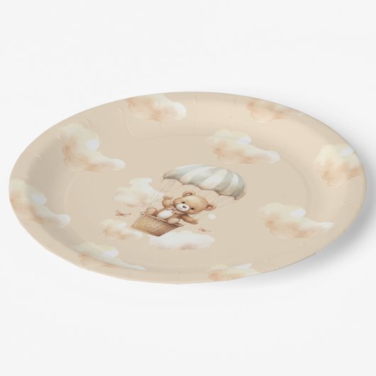 Hot Balloon Teddy Bär Neutral Baby Dusche Teller (Schrägansicht)