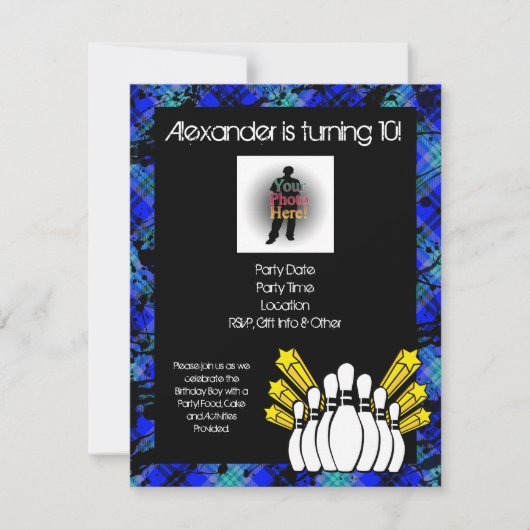 Hot Blue Boy's Foto Bowling Party Einladung (Vorderseite)